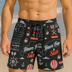 Men's Shorts Beach Shorts Drawstring Graphic Letter Abstract Breathable Quick Dry Knee Length Outdoor Vacation Home Vacation Ethnic Style Lake blue White & Blue Stretchy