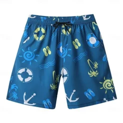 Men's Shorts Beach Shorts Drawstring Graphic Letter Abstract Breathable Quick Dry Knee Length Outdoor Vacation Home Vacation Ethnic Style Lake blue White & Blue Stretchy