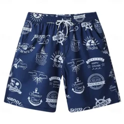 Men's Shorts Beach Shorts Drawstring Graphic Letter Abstract Breathable Quick Dry Knee Length Outdoor Vacation Home Vacation Ethnic Style Lake blue White & Blue Stretchy