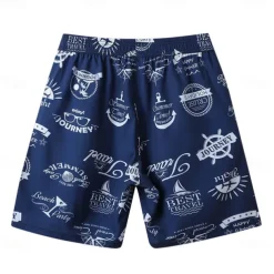 Men's Shorts Beach Shorts Drawstring Graphic Letter Abstract Breathable Quick Dry Knee Length Outdoor Vacation Home Vacation Ethnic Style Lake blue White & Blue Stretchy