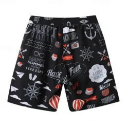 Men's Shorts Beach Shorts Drawstring Graphic Letter Abstract Breathable Quick Dry Knee Length Outdoor Vacation Home Vacation Ethnic Style Lake blue White & Blue Stretchy