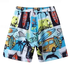 Men's Shorts Beach Shorts Drawstring Graphic Letter Abstract Breathable Quick Dry Knee Length Outdoor Vacation Home Vacation Ethnic Style Lake blue White & Blue Stretchy