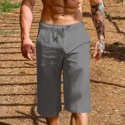 Men's Shorts Linen Shorts Summer Shorts Beach Shorts Pocket Drawstring Elastic Waist Plain Comfort Breathable Short Vacation Holiday Beach Hawaiian Boho Black White