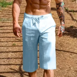 Men's Shorts Linen Shorts Summer Shorts Beach Shorts Pocket Drawstring Elastic Waist Plain Comfort Breathable Short Vacation Holiday Beach Hawaiian Boho Black White