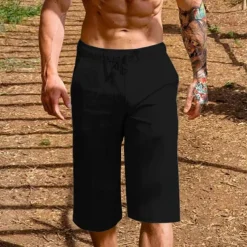 Men's Shorts Linen Shorts Summer Shorts Beach Shorts Pocket Drawstring Elastic Waist Plain Comfort Breathable Short Vacation Holiday Beach Hawaiian Boho Black White