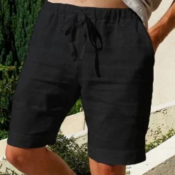 Men's Shorts Linen Shorts Summer Shorts Pocket Elastic Waist Drawstring Plain Outdoor Daily Going out Holiday Casual Black White