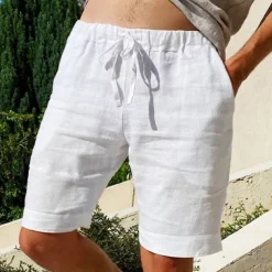 Men's Shorts Linen Shorts Summer Shorts Pocket Elastic Waist Drawstring Plain Outdoor Daily Going out Holiday Casual Black White