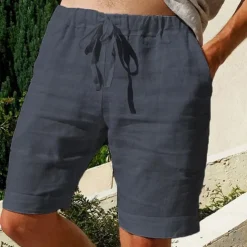 Men's Shorts Linen Shorts Summer Shorts Pocket Elastic Waist Drawstring Plain Outdoor Daily Going out Holiday Casual Black White