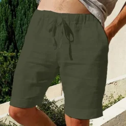 Men's Shorts Linen Shorts Summer Shorts Pocket Elastic Waist Drawstring Plain Outdoor Daily Going out Holiday Casual Black White