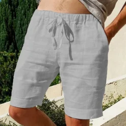 Men's Shorts Linen Shorts Summer Shorts Pocket Elastic Waist Drawstring Plain Outdoor Daily Going out Holiday Casual Black White