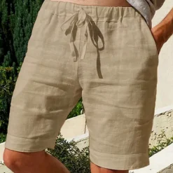 Men's Shorts Linen Shorts Summer Shorts Pocket Elastic Waist Drawstring Plain Outdoor Daily Going out Holiday Casual Black White