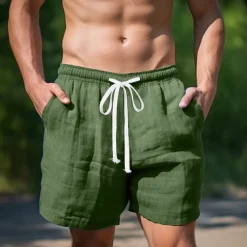 Men's Shorts Linen Shorts Summer Shorts Pocket Drawstring Elastic Waist Plain Comfort Breathable Short Casual Daily Holiday Fashion Classic Style Black White