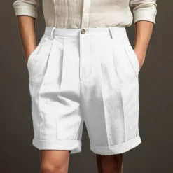 Men's Shorts Linen Shorts Dress Shorts Summer Shorts Pleated Shorts Buttons Pocket Pleats Plain Comfort Breathable Short Casual Daily Holiday Fashion Designer Black White