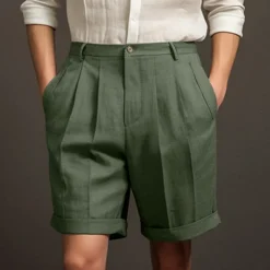 Men's Shorts Linen Shorts Dress Shorts Summer Shorts Pleated Shorts Buttons Pocket Pleats Plain Comfort Breathable Short Casual Daily Holiday Fashion Designer Black White