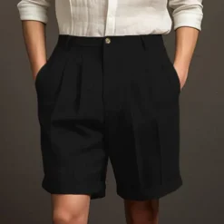 Men's Shorts Linen Shorts Dress Shorts Summer Shorts Pleated Shorts Buttons Pocket Pleats Plain Comfort Breathable Short Casual Daily Holiday Fashion Designer Black White
