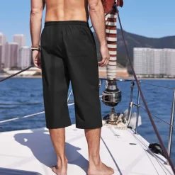 Men's Shorts Linen Shorts Summer Shorts Beach Shorts Capri Pants Pocket Drawstring Elastic Waist Plain Comfort Breathable Outdoor Daily Going out Fashion Streetwear Black White