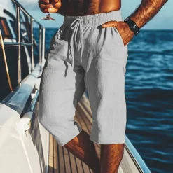 Men's Shorts Linen Shorts Summer Shorts Beach Shorts Pocket Drawstring Elastic Waist Plain Comfort Breathable Calf-Length Vacation Holiday Beach Hawaiian Boho Black White