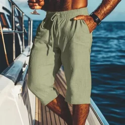 Men's Shorts Linen Shorts Summer Shorts Beach Shorts Pocket Drawstring Elastic Waist Plain Comfort Breathable Calf-Length Vacation Holiday Beach Hawaiian Boho Black White