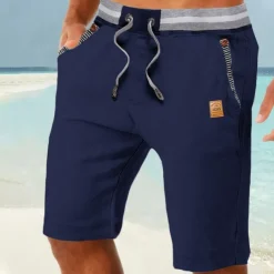 Men's Shorts Linen Shorts Summer Shorts Beach Shorts Pocket Drawstring Elastic Waist Color Block Comfort Breathable Full Length Casual Daily Holiday Vacation Fashion Dark Khaki Light Khaki