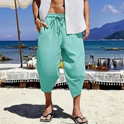 Men's Shorts Linen Shorts Summer Shorts Beach Shorts Boho Pants Drawstring Elastic Waist Plain Comfort Breathable Outdoor Daily Going out Fashion Streetwear Black Wine