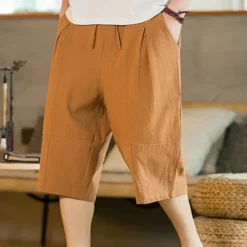 Men's Shorts Linen Shorts Summer Shorts Beach Shorts Capri Pants Drawstring Elastic Waist Plain Breathable Soft Calf-Length Casual Daily Holiday Linen / Cotton Blend Streetwear Hawaiian Black Blue