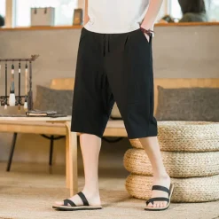 Men's Shorts Linen Shorts Summer Shorts Beach Shorts Capri Pants Drawstring Elastic Waist Plain Breathable Soft Calf-Length Casual Daily Holiday Linen / Cotton Blend Streetwear Hawaiian Black Blue