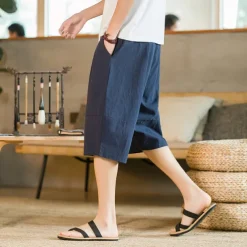 Men's Shorts Linen Shorts Summer Shorts Beach Shorts Capri Pants Drawstring Elastic Waist Plain Breathable Soft Calf-Length Casual Daily Holiday Linen / Cotton Blend Streetwear Hawaiian Black Blue