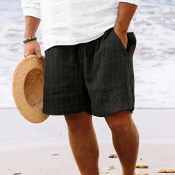 Men's Shorts Linen Shorts Summer Shorts Beach Shorts Pocket Drawstring Elastic Waist Stripe Comfort Breathable Knee Length Outdoor Holiday Beach Vacation Hawaiian Black Royal Blue