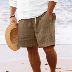 Men's Shorts Linen Shorts Summer Shorts Beach Shorts Pocket Drawstring Elastic Waist Stripe Comfort Breathable Knee Length Outdoor Holiday Beach Vacation Hawaiian Black Royal Blue