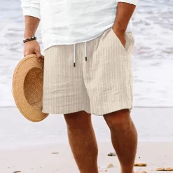 Men's Shorts Linen Shorts Summer Shorts Beach Shorts Pocket Drawstring Elastic Waist Stripe Comfort Breathable Knee Length Outdoor Holiday Beach Vacation Hawaiian Black Royal Blue