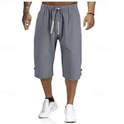 Men's Shorts Linen Shorts Summer Shorts Capri Pants Drawstring Plain Sports Short Work Daily Linen / Cotton Blend Classic Casual / Sporty Black Green Black