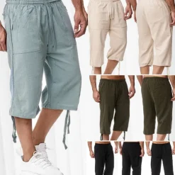 Men's Shorts Linen Shorts Summer Shorts Beach Shorts Capri Pants Drawstring Elastic Waist Front Pocket Plain Comfort Breathable Calf-Length Sports Outdoor Daily Stylish Casual / Sporty Blue Khaki