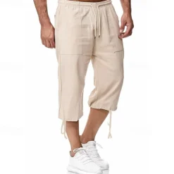 Men's Shorts Linen Shorts Summer Shorts Beach Shorts Capri Pants Drawstring Elastic Waist Front Pocket Plain Comfort Breathable Calf-Length Sports Outdoor Daily Stylish Casual / Sporty Blue Khaki