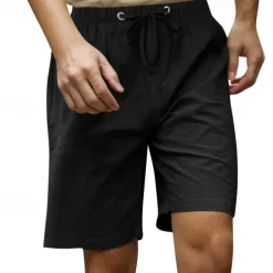 Men's Shorts Linen Shorts Summer Shorts Beach Shorts Pocket Drawstring Elastic Waist Plain Comfort Breathable Knee Length Casual Daily Holiday Fashion Classic Style Black White