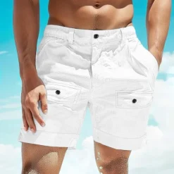 Men's Shorts Linen Shorts Summer Shorts Beach Shorts Buttons Pocket Elastic Waist Plain Comfort Breathable Short Casual Daily Holiday Fashion Classic Style White Khaki