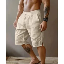 Men's Shorts Linen Shorts Summer Shorts Split Front Pocket Straight Leg Plain Comfort Breathable Knee Length Party Outdoor Casual Fashion Basic Black White