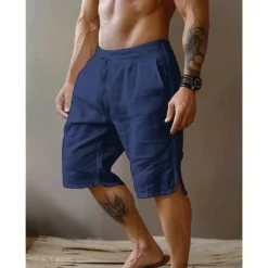 Men's Shorts Linen Shorts Summer Shorts Split Front Pocket Straight Leg Plain Comfort Breathable Knee Length Party Outdoor Casual Fashion Basic Black White