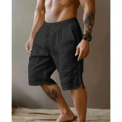Men's Shorts Linen Shorts Summer Shorts Split Front Pocket Straight Leg Plain Comfort Breathable Knee Length Party Outdoor Casual Fashion Basic Black White