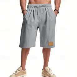 Men's Shorts Linen Shorts Summer Shorts Beach Shorts Pocket Drawstring Elastic Waist Plain Comfort Breathable Knee Length Vacation Holiday Beach Hawaiian Boho Black White