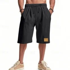 Men's Shorts Linen Shorts Summer Shorts Beach Shorts Pocket Drawstring Elastic Waist Plain Comfort Breathable Knee Length Vacation Holiday Beach Hawaiian Boho Black White