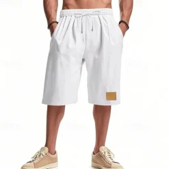 Men's Shorts Linen Shorts Summer Shorts Beach Shorts Pocket Drawstring Elastic Waist Plain Comfort Breathable Knee Length Vacation Holiday Beach Hawaiian Boho Black White