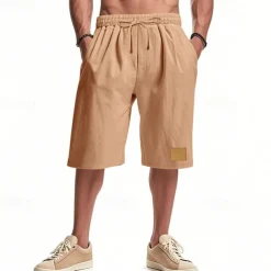 Men's Shorts Linen Shorts Summer Shorts Beach Shorts Pocket Drawstring Elastic Waist Plain Comfort Breathable Knee Length Vacation Holiday Beach Hawaiian Boho Black White