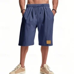 Men's Shorts Linen Shorts Summer Shorts Beach Shorts Pocket Drawstring Elastic Waist Plain Comfort Breathable Knee Length Vacation Holiday Beach Hawaiian Boho Black White