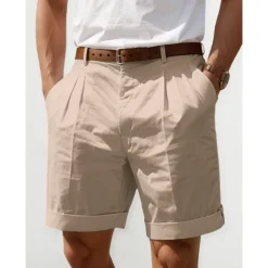 Men's Shorts Linen Shorts Dress Shorts Summer Shorts Pleated Shorts Pocket Pleats Straight Leg Plain Comfort Breathable Short Casual Daily Holiday Fashion Designer Black White