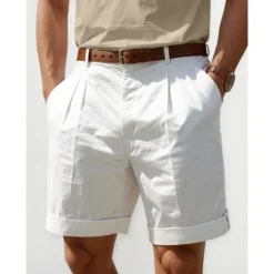 Men's Shorts Linen Shorts Dress Shorts Summer Shorts Pleated Shorts Pocket Pleats Straight Leg Plain Comfort Breathable Short Casual Daily Holiday Fashion Designer Black White