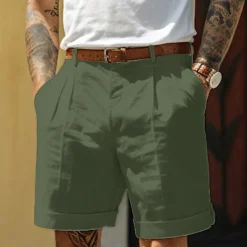 Men's Shorts Linen Shorts Dress Shorts Summer Shorts Pleated Shorts Pocket Pleats Straight Leg Plain Comfort Breathable Short Casual Daily Holiday Fashion Designer Black White