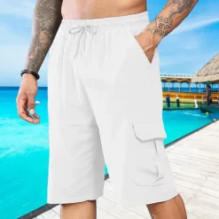 Men's Shorts Linen Shorts Summer Shorts Beach Shorts Drawstring Elastic Waist Multi Pocket Plain Comfort Breathable Short Vacation Holiday Beach Hawaiian Boho Black White