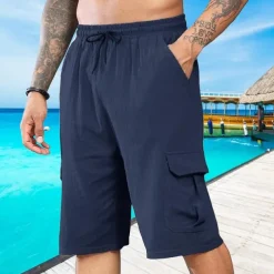 Men's Shorts Linen Shorts Summer Shorts Beach Shorts Drawstring Elastic Waist Multi Pocket Plain Comfort Breathable Short Vacation Holiday Beach Hawaiian Boho Black White
