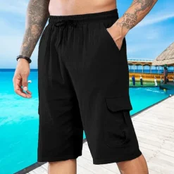 Men's Shorts Linen Shorts Summer Shorts Beach Shorts Drawstring Elastic Waist Multi Pocket Plain Comfort Breathable Short Vacation Holiday Beach Hawaiian Boho Black White