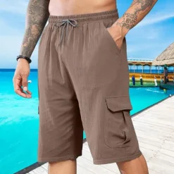 Men's Shorts Linen Shorts Summer Shorts Beach Shorts Drawstring Elastic Waist Multi Pocket Plain Comfort Breathable Short Vacation Holiday Beach Hawaiian Boho Black White